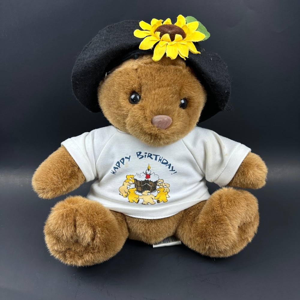 Vintage 1997 Build A Bear Workshop Birthday Teddy Bear Sunflower Hat Plaid Bow